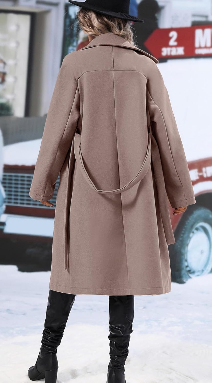 SAUKOLE Women's Trendy Lapel Collar Double Breasted Wool Blend Coats Winter Pea Overcoat Pocketed Outwear with Belt - Image 5