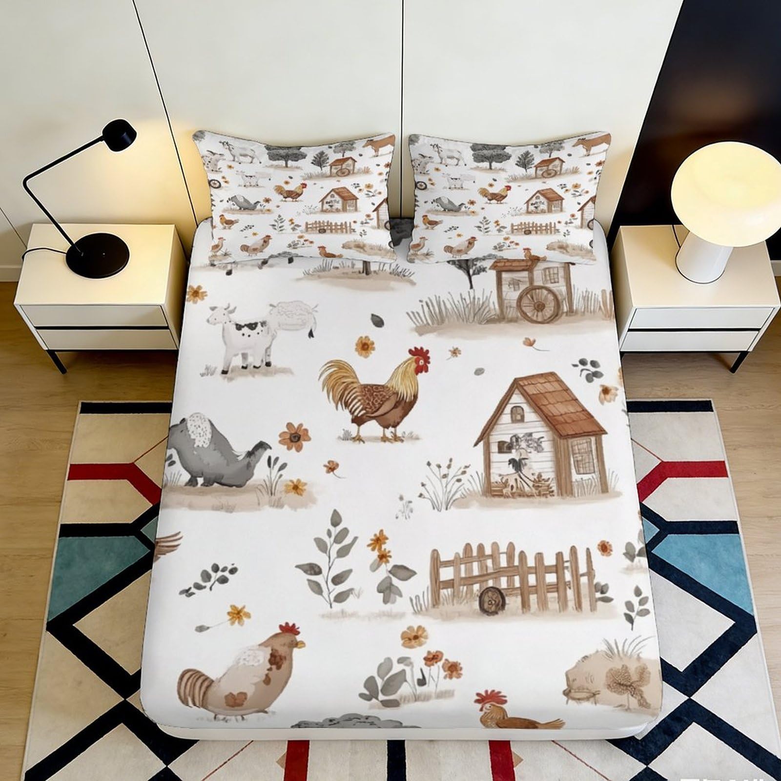 3D Printed Farm Rooster Fitted Sheet Microfiber Soft Brown Chicken Mattress Cover for Bedroom Guest Room Decor 90x200x25cm