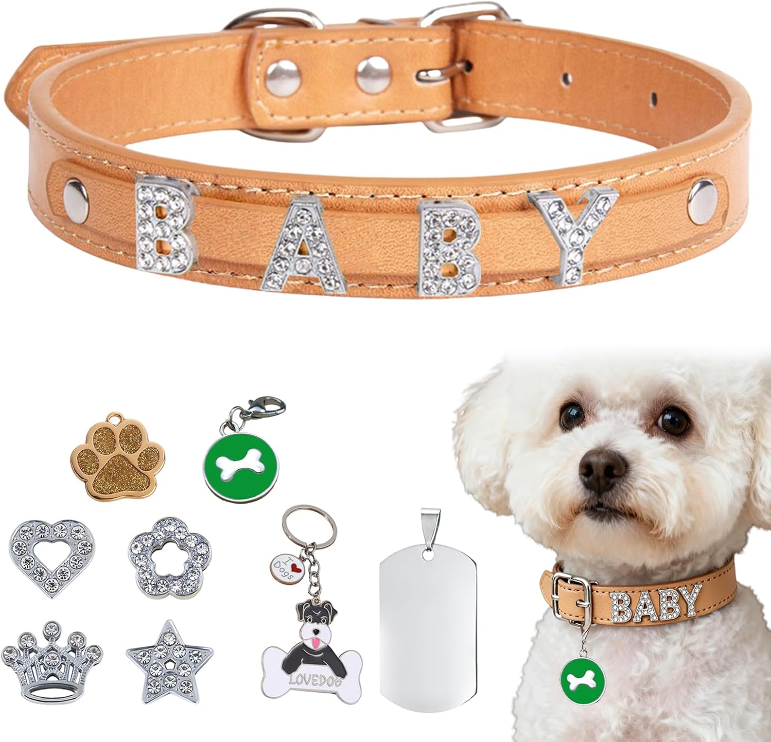 Collar para perros pequeños de cuero vegano con charms brillantes