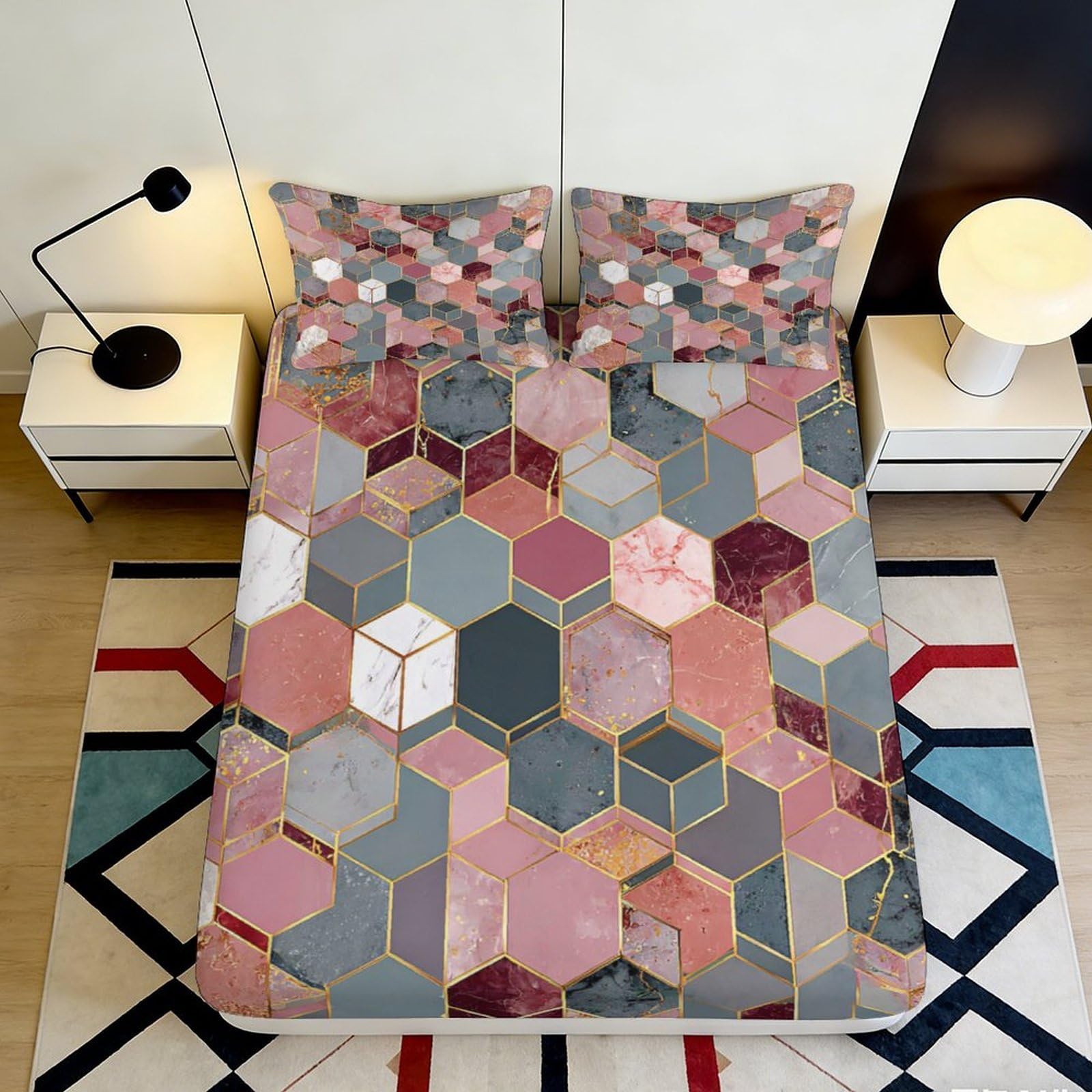3D Printed Geometric Marble Fitted Sheet Microfiber Bedroom Decor Pink Grey Hexagon Mattress Cover for Adults Teens 90x200x25cm