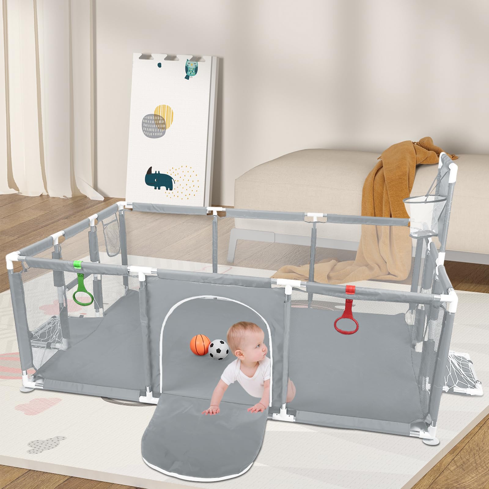 Parc Bébé -Bébé Barrière de Sécurité Portail Parc Lit pour enfant à l'intérieur et extérieur - Football, basket-ball, pompe, anneaux de main, ventouses-180 * 120 * 66cm-gris foncé