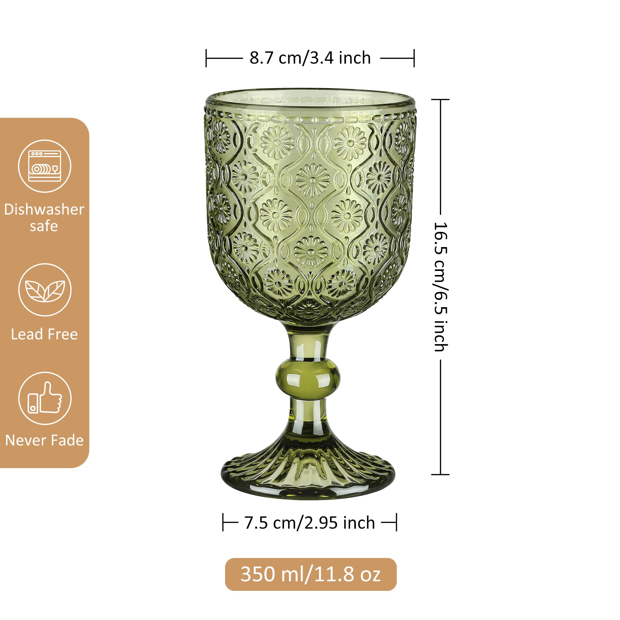 Joeyan 350ml Vintage Weingläser Grün, Blütenrelief Kelche mit Stiel, Weinkelche Landhausstil für Saft Getränke,Bunt Rotweingläser Weißweingläser Trinkgläser mit Fuß,Set von 4,Spülmaschinenfest