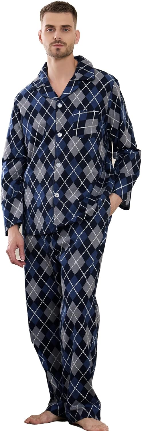 Vulcanodon Men 100% Cotton Pajama Set, Soft Warm Button Down Pajama Sets for Men Comfy Plaid Fun Prints Lounge With Pockets