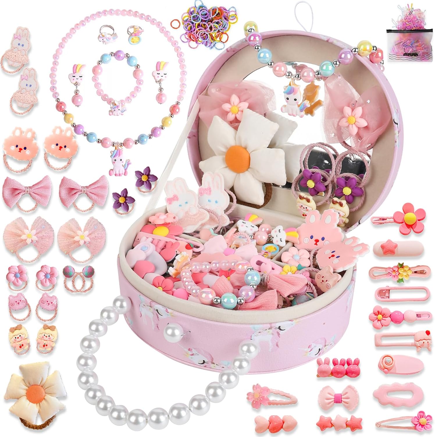 Princess Jewelry Box for Girls with Hair Accessories,Girls Hair Clips Bows Set, Fashion Hair Styling Kit with Mirror,Pink Sparkle Trinket Box Includes Hair Clips (Flower)