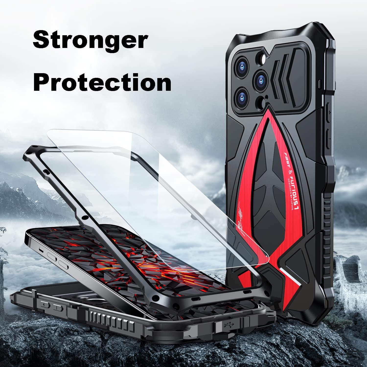 iPhone 14 Pro Max Case Metal Aluminium Bumper Cover Built-in Soft Rubber Shock Proof Military Grade Protective Cover -Black