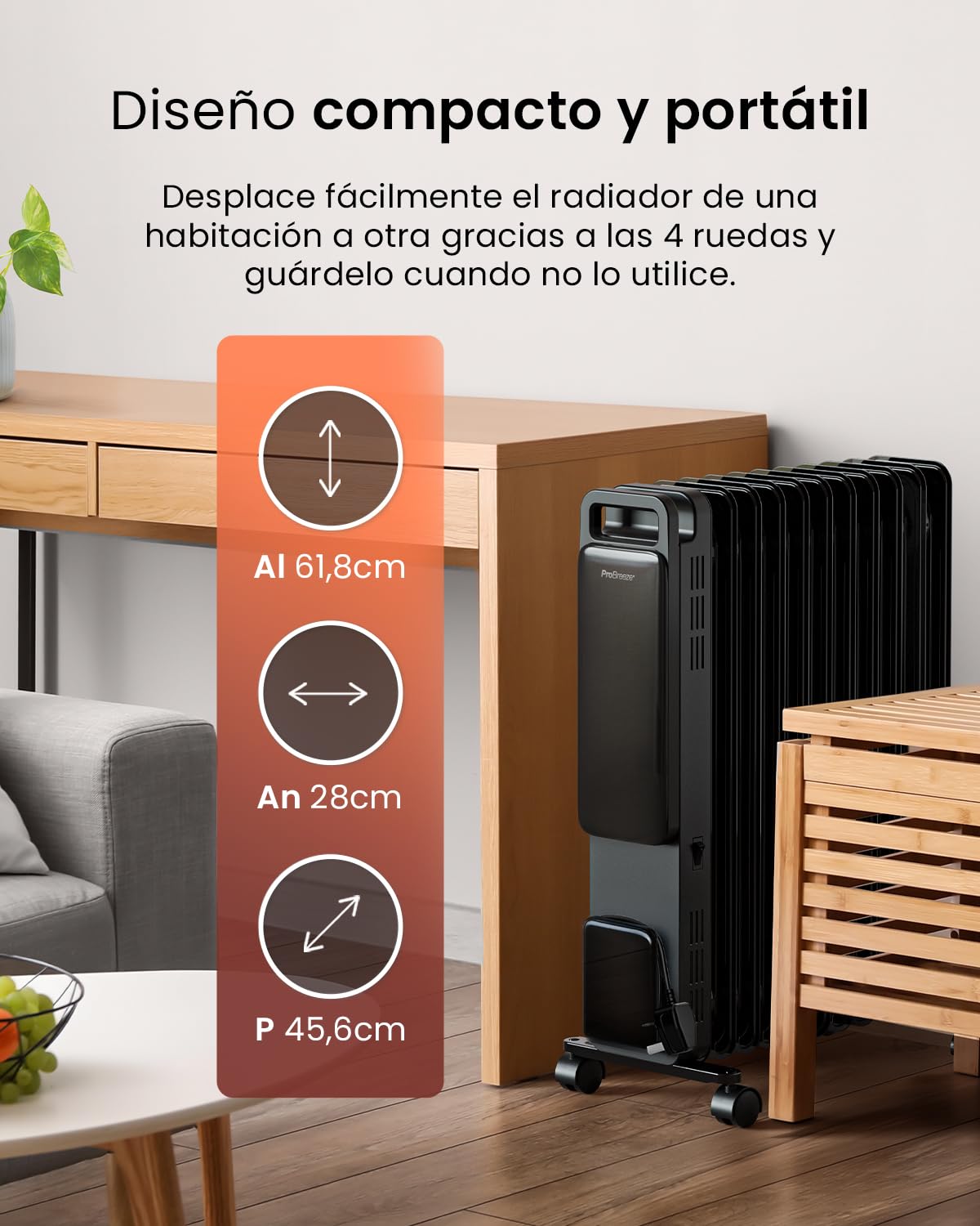 Pro Breeze OmniWarm Radiador de Aceite 2500W, 11 Aletas, Portátil, Pantalla Digital Táctil, Modo Eco, 3 Modos de Calor Ajustable, Apagado de Seguridad y Temporizador 24H
