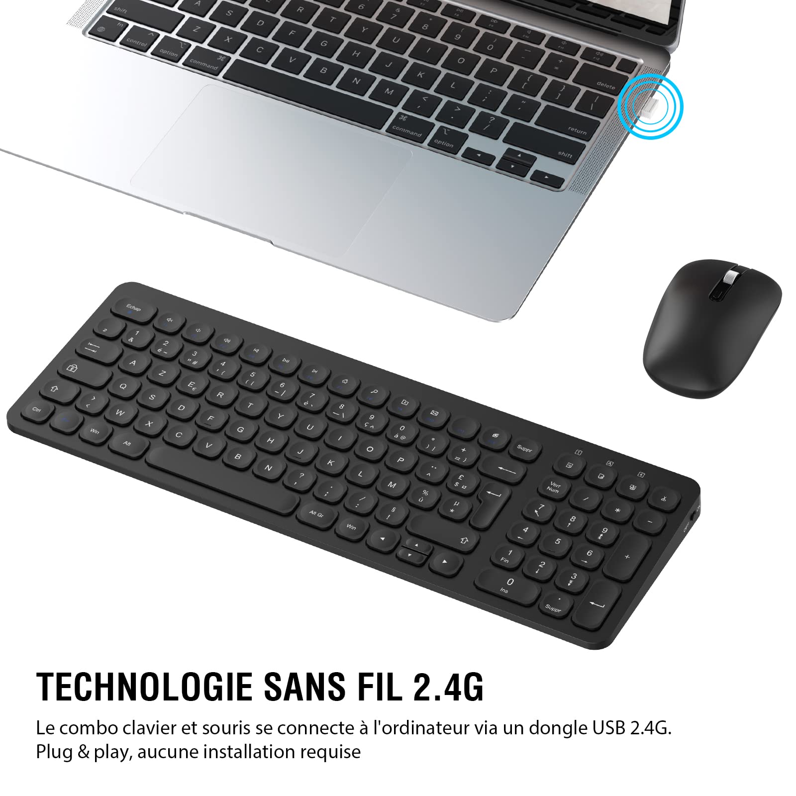 Ensemble Clavier et Souris sans Fil, PINKCAT Claiver AZERTY Français, Pack Clavier et Souris, Set Silencieux avec Récepteur Nano USB 2.4GHz, Compatible avec Windows/MacOS, Windows PC Laptop - Noir