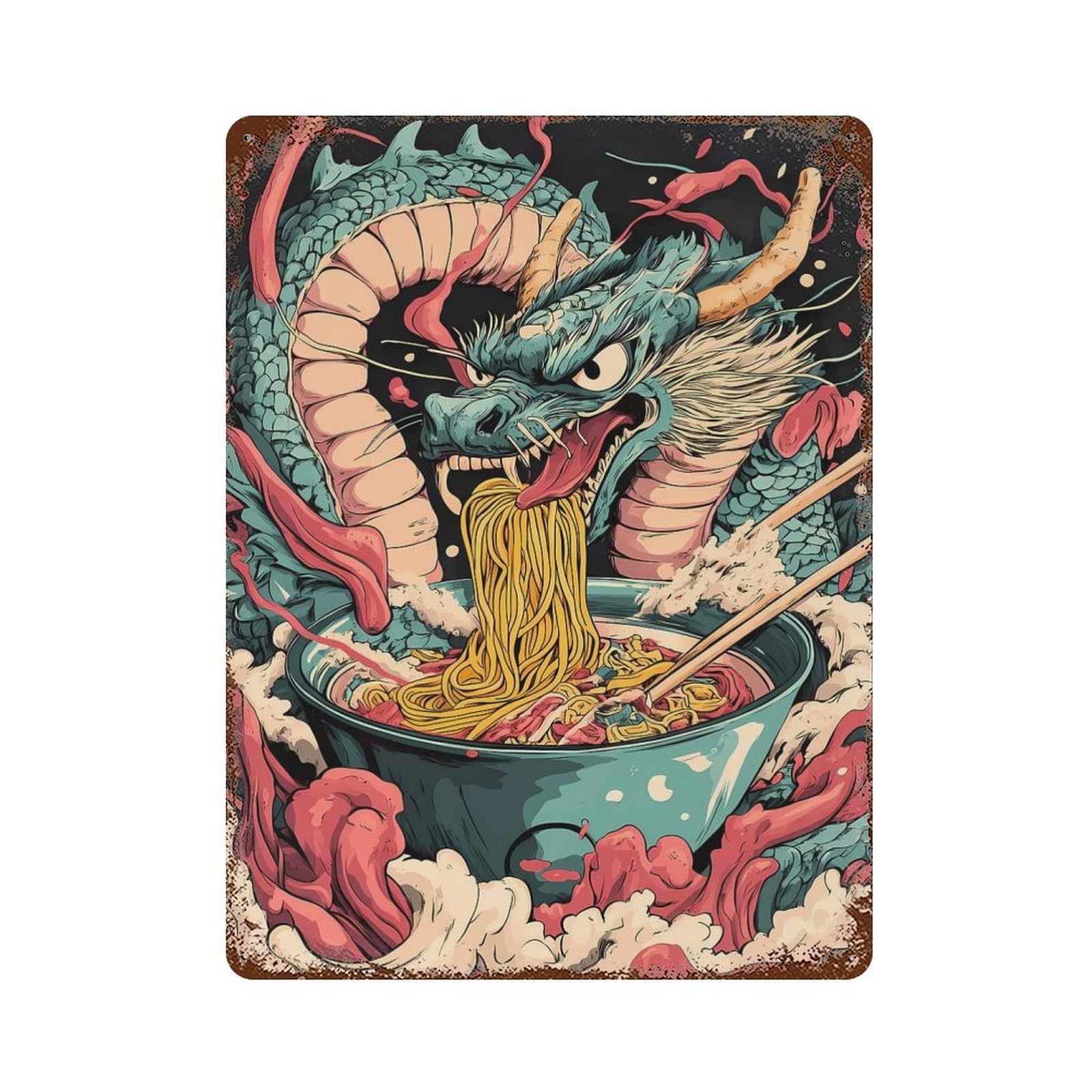 Dragon Eats Ramen Japan Noodle Aged Metal Wall Plaque 15.7"x11.8", Farmhouse Wall Decor for Patio, Garden Room And Bar Decor
