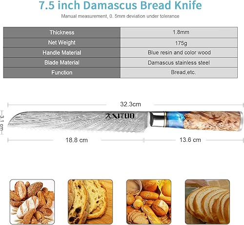 Miniatura 2 de Cuchillo de pan de acero de Damasco, 7.5 pulgadas, colección Tsunami, núcleo de acero japonés VG10 de 67 capas, mango único de resina azul, caja de