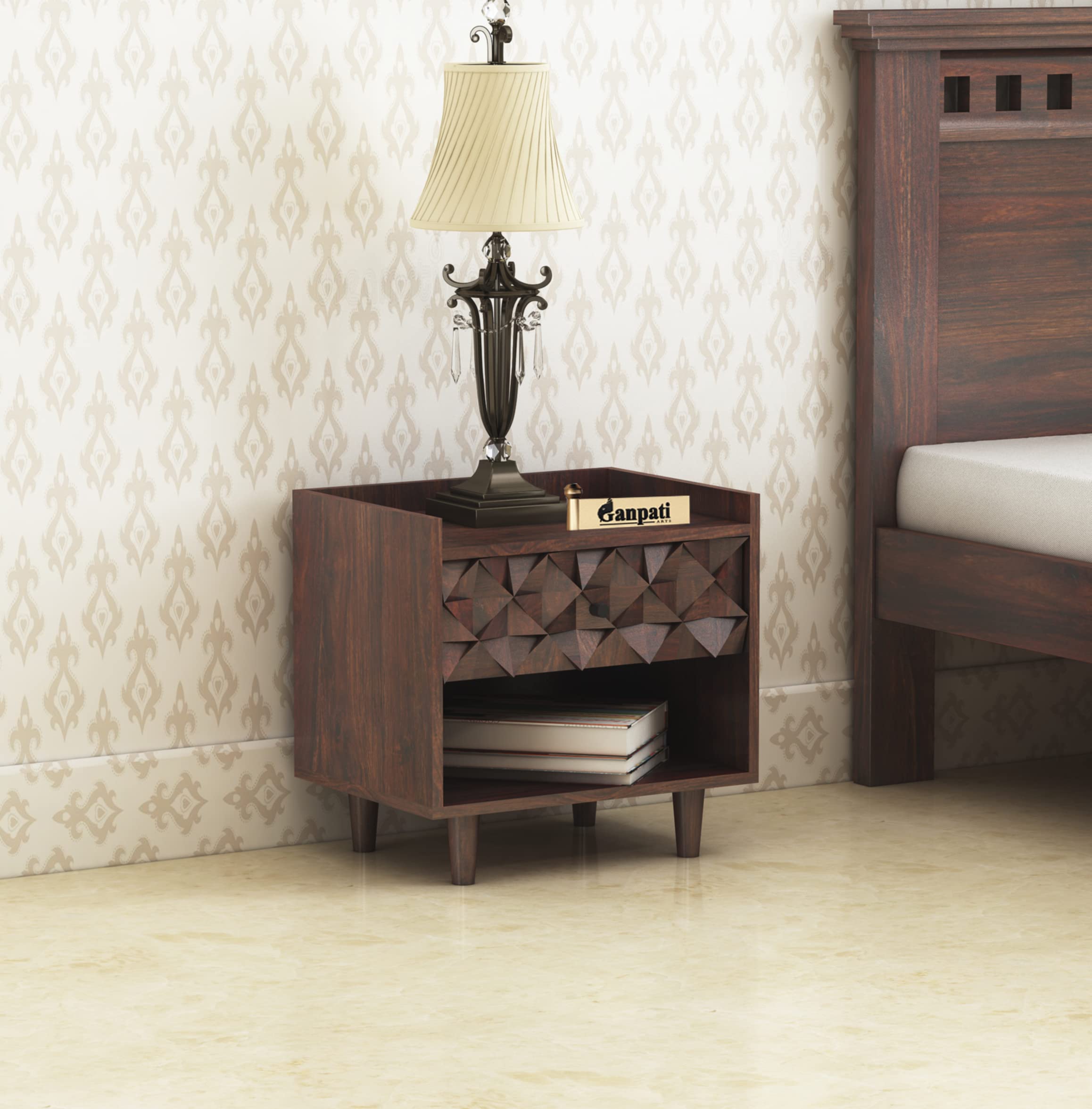 Ganpati Arts Solid Sheesham Wood Raj Bedside End Table with Drawers and Shelf Storage Wooden Living Room Furniture for Home Bedroom (Walnut Finish) 1 Year Warranty