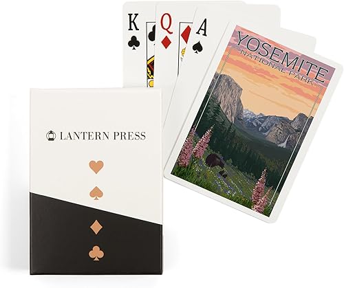 Lantern Press Parque Nacional Yosemite, California, oso y cachorros con flores (52 cartas de juego, baraja de cartas de tamaño póker con comodines)