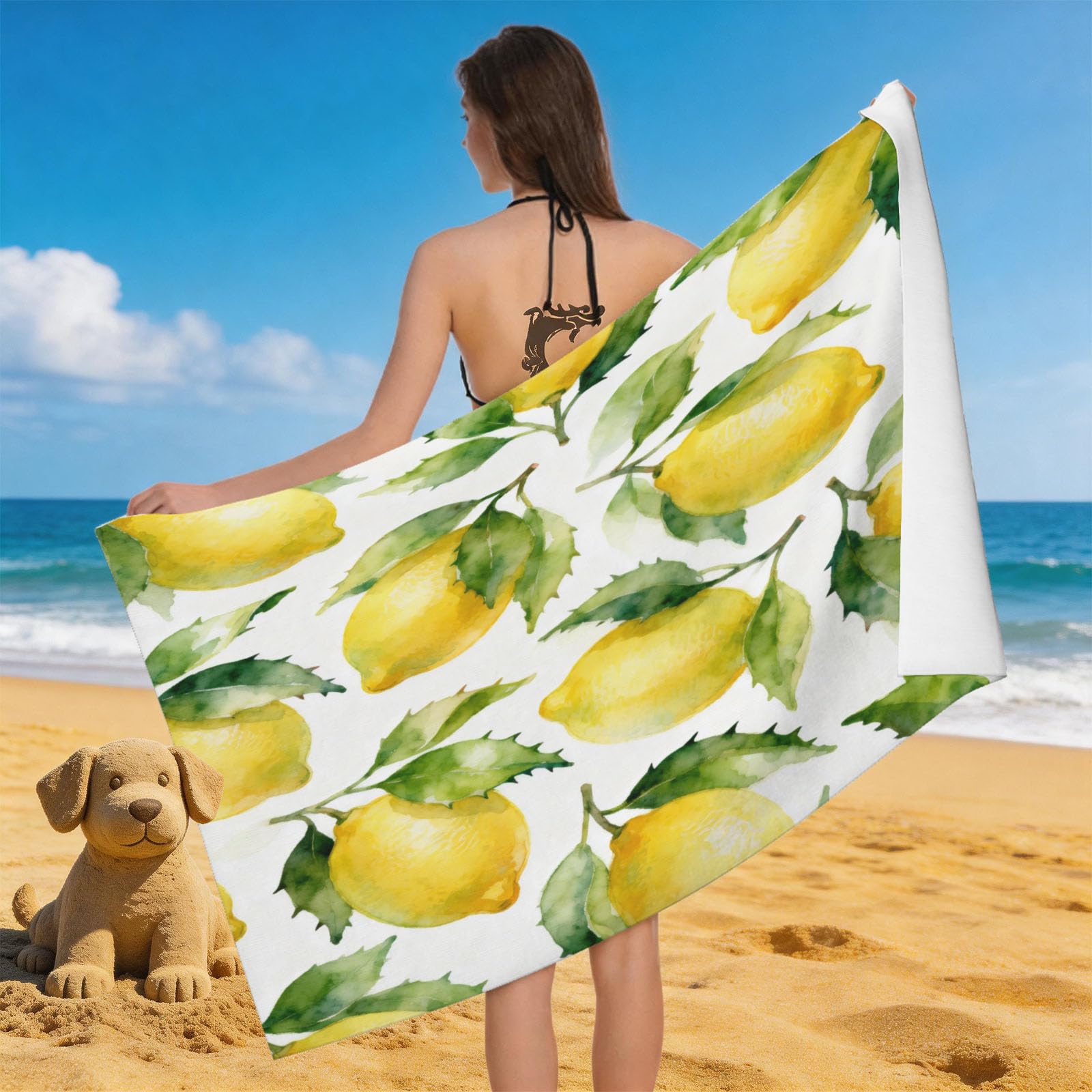 Leichong Men's White 3D Watercolor Lemon Beach Towel Microfiber Soft Quick Dry For Adults, Chic Bath Towel Lightweight Soft Absorbent For Travel Swimming Pool Sports, 75 X 150 Cm