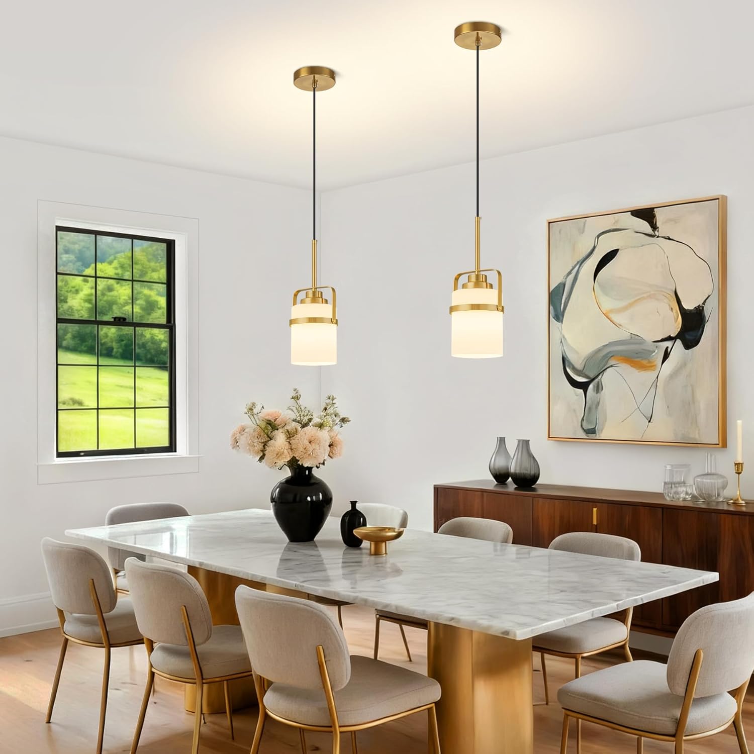 Modern Brass Pendant Lights Kitchen Island Light, Adjustable Hanging Light Fixture with Milk Glass Shade, Farmhouse Pendant Light for Dining Room Bar Over Sink/Table/Counter, 1 Pack