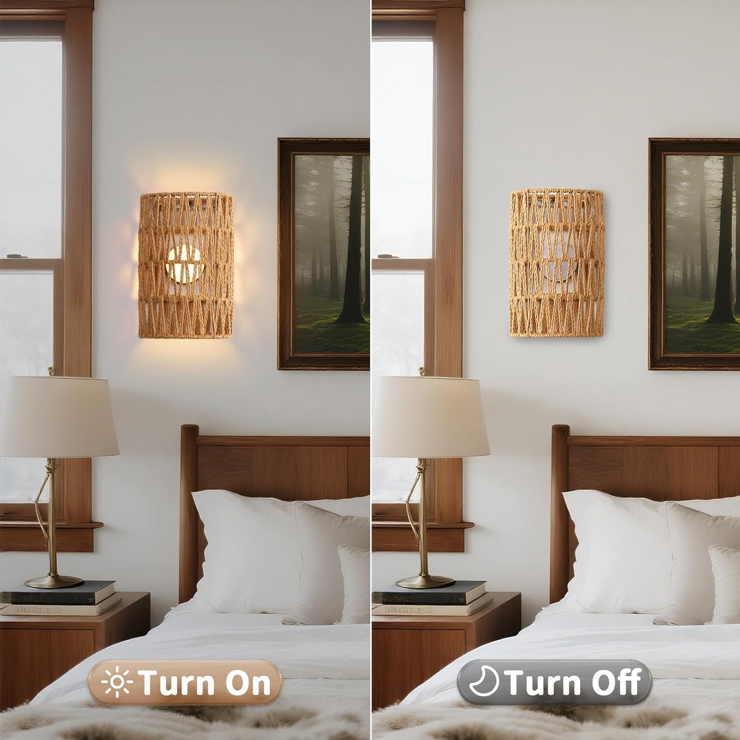 Battery Powered Wall Sconce, Rattan Rechargeable Wall lamp, Bohemian Wall Sconces with Remote Control RGB Dimmable, Wireless Wall Sconce Set of 2 for Bedroom, Hallway, Living Room