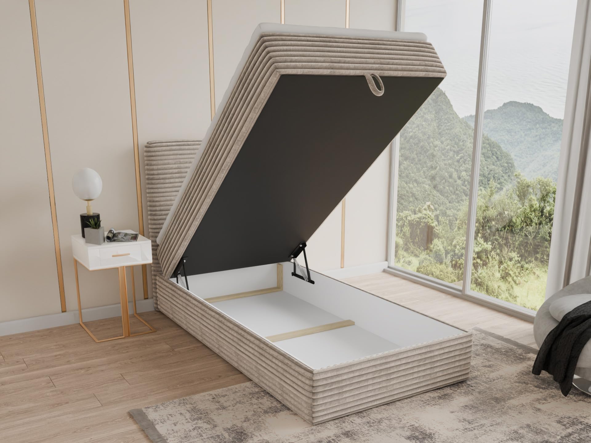 Sofnet Boxspringbett Mollo Mini mit Bettkasten und Matratzentopper - Einzelbett mit Bonell-Matratze und Topper, Polsterbett in weichem Cordstoff, Bett, Schlafzimmer (Beige (Tilia 03), 120 x 200 cm)