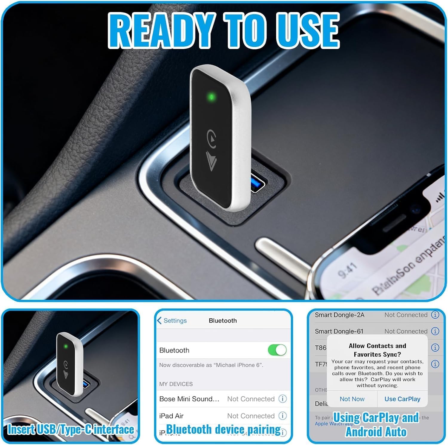 CarPlay sans Fil 2 en 1 pour Apple CarPlay/Android Auto, Mini Adaptateur sans Fil pour iPhone iOS 10+/Android 11+ et Plus de 2016 Voitures, USB/Type-C, Car Play Voiture (‌Noir)