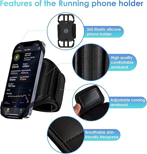Miniatura 4 de Cikyner Brazalete para correr, soporte para teléfono, brazalete deportivo giratorio de 360° y desmontable, con bolsillo para auriculares/efectivo