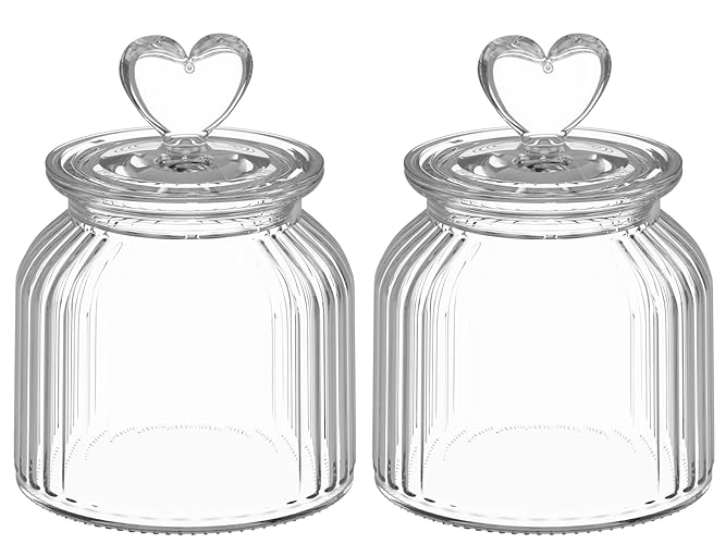 HomeyHoney 22 oz Clear Glass Canister with Cute Heart shaped Lids Set, Food Storage Glass Jars with Airtight Lids for Kitchen and Dining Room, Stripe/Set of 2 - Stripe Pattern