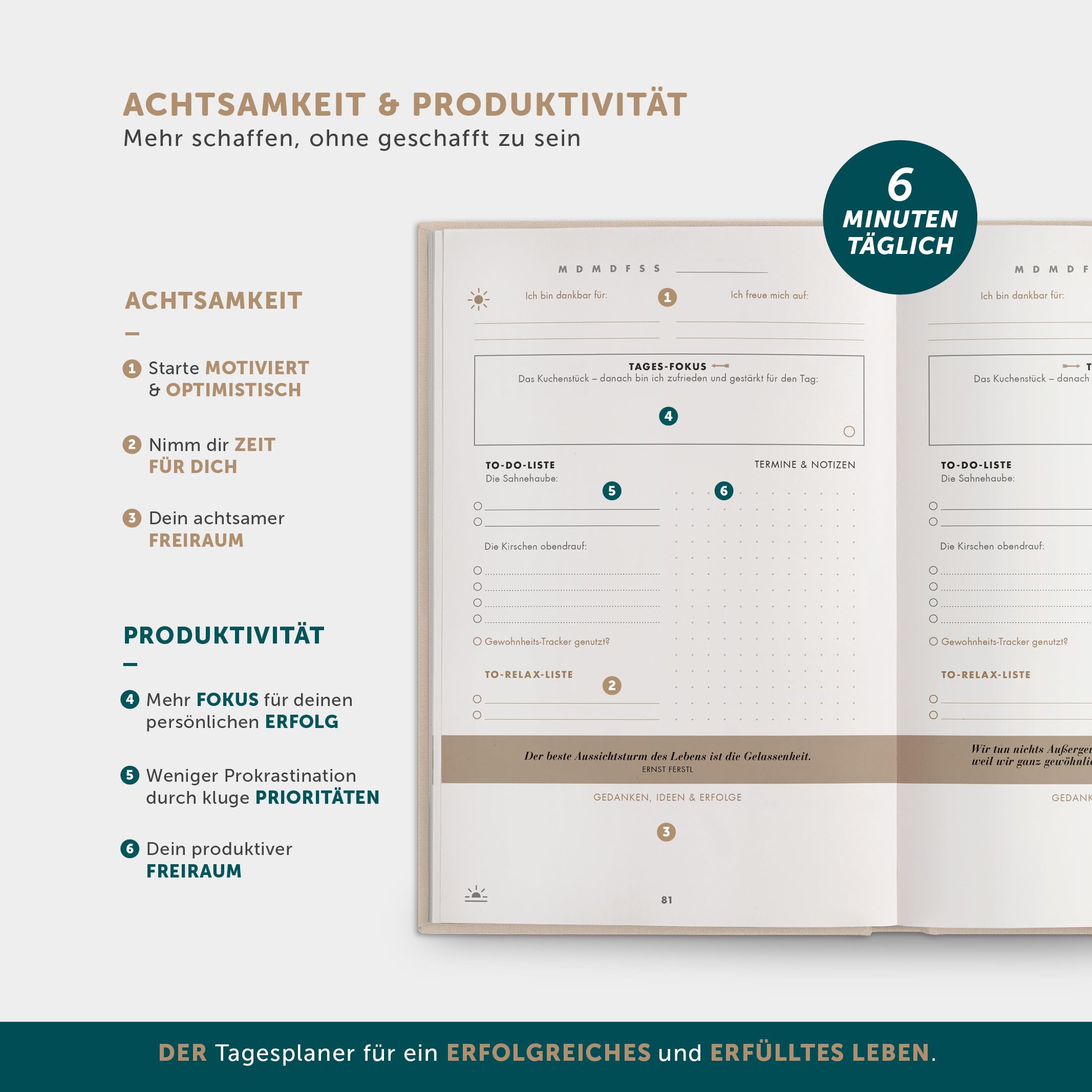 6-Minuten Erfolgsjournal – #1 Tagesplaner 2026 für Fokus & Motivation – Undatierter To Do Planer – Erfolgstagebuch für gelassene Zielerreichung