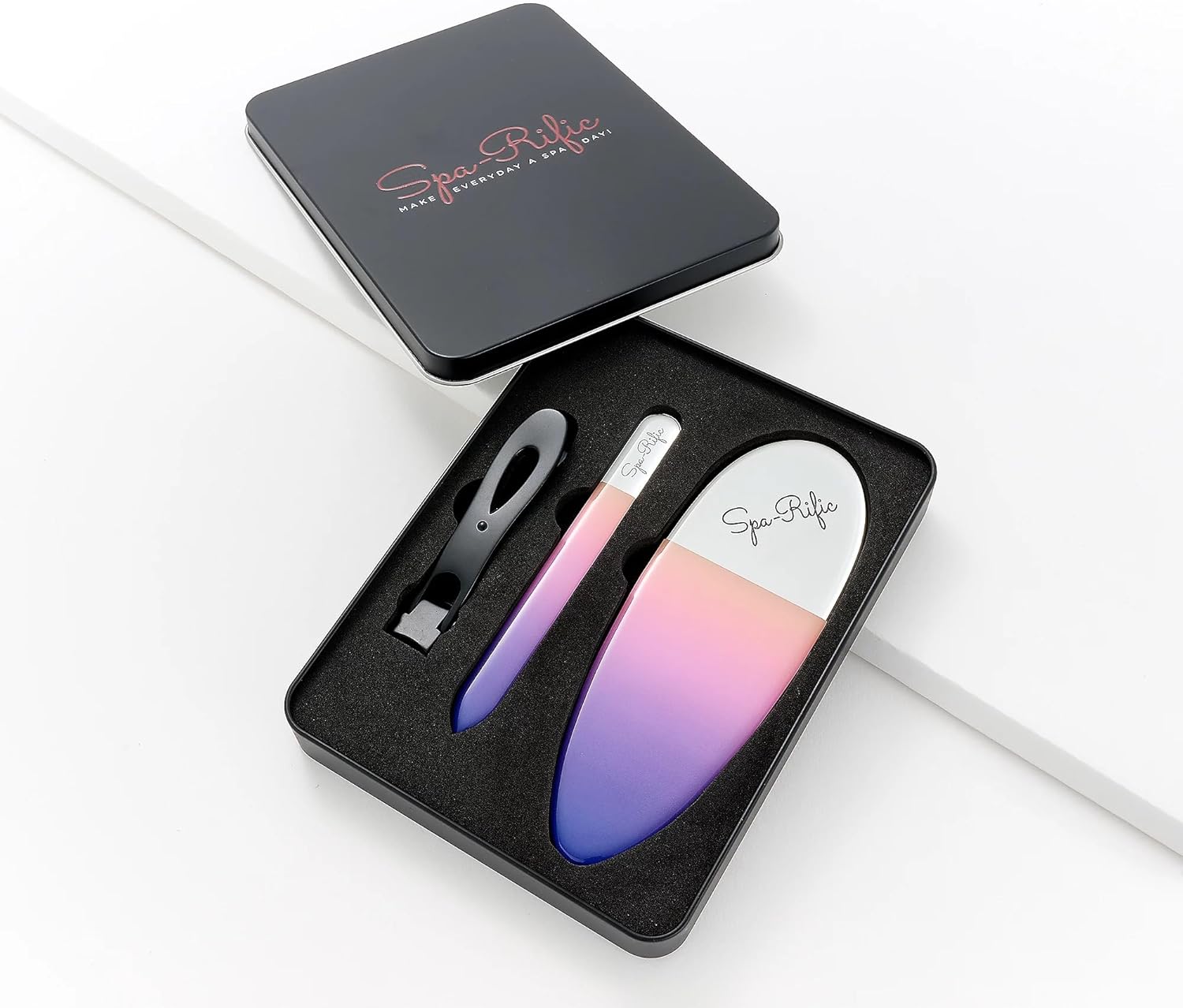 Spa-Rific 3pc Nano File and Ultra Wide Jaw Nail Clipper Set: Glass Nail Files with Large Nail Clipper and Metal Case Kit - Crystal Fingernail Manicure and Pedicure Tools - Yellow Indigo Ombre