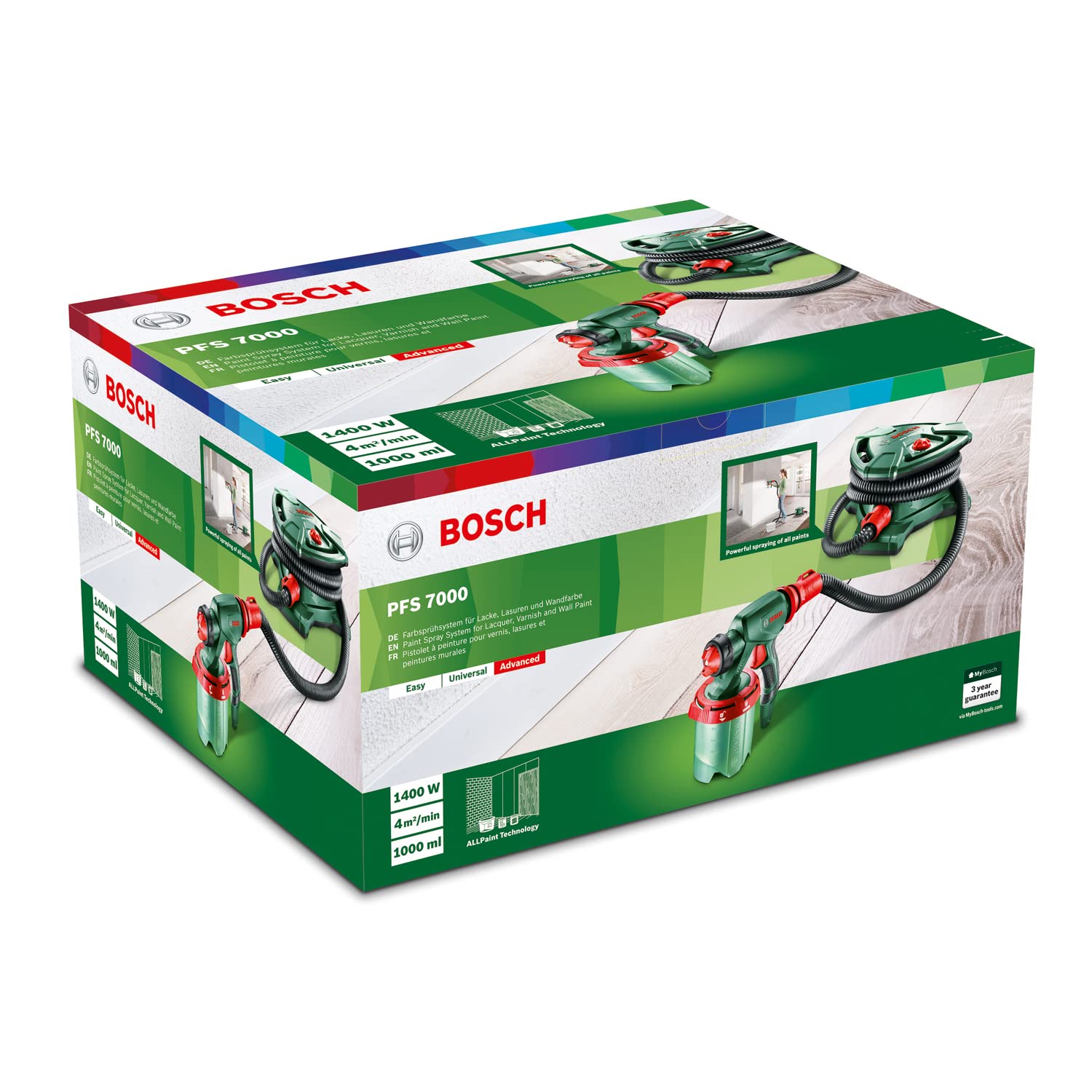 Bosch Home and Garden System Malowania Natryskowego PFS 7000, 1400 W, 2 Pojemniki na Farbę 1000 ml, 3 Dysze do Farb Ściennych, Lakierów i Lazur, Filtr do Farb, Szczotka, Opakowanie Kartooptymalne
