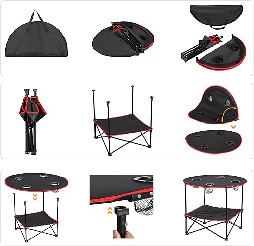 Miniatura 5 de HomGarden Mesa de picnic plegable portátil de 28 pulgadas, mesa de campamento al aire libre, redonda de 2 niveles con 4 soportes para tazas, mesas
