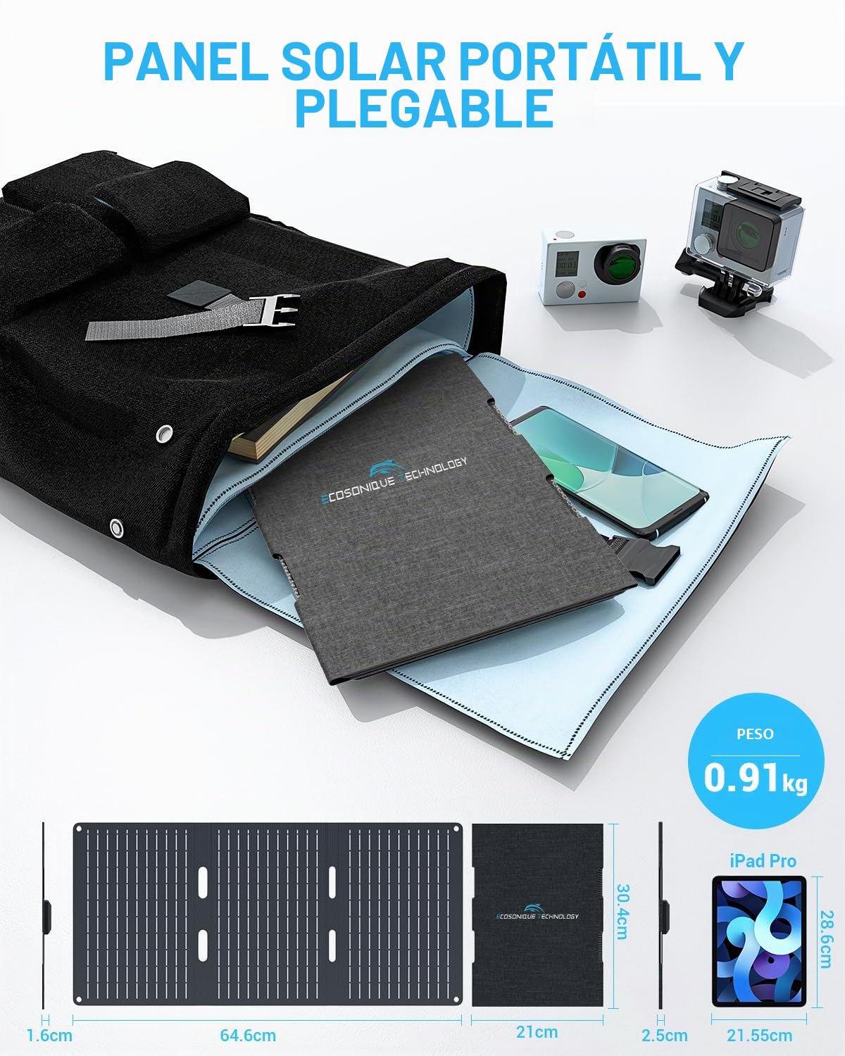 Ecosonique - Cargador solar portátil de 30 W, paneles solares plegables con USB C, USB, A, ETFE, impermeable, para camping, mochileros, compatible con teléfono celular, iPhone, iPad, Samsung Galaxy
