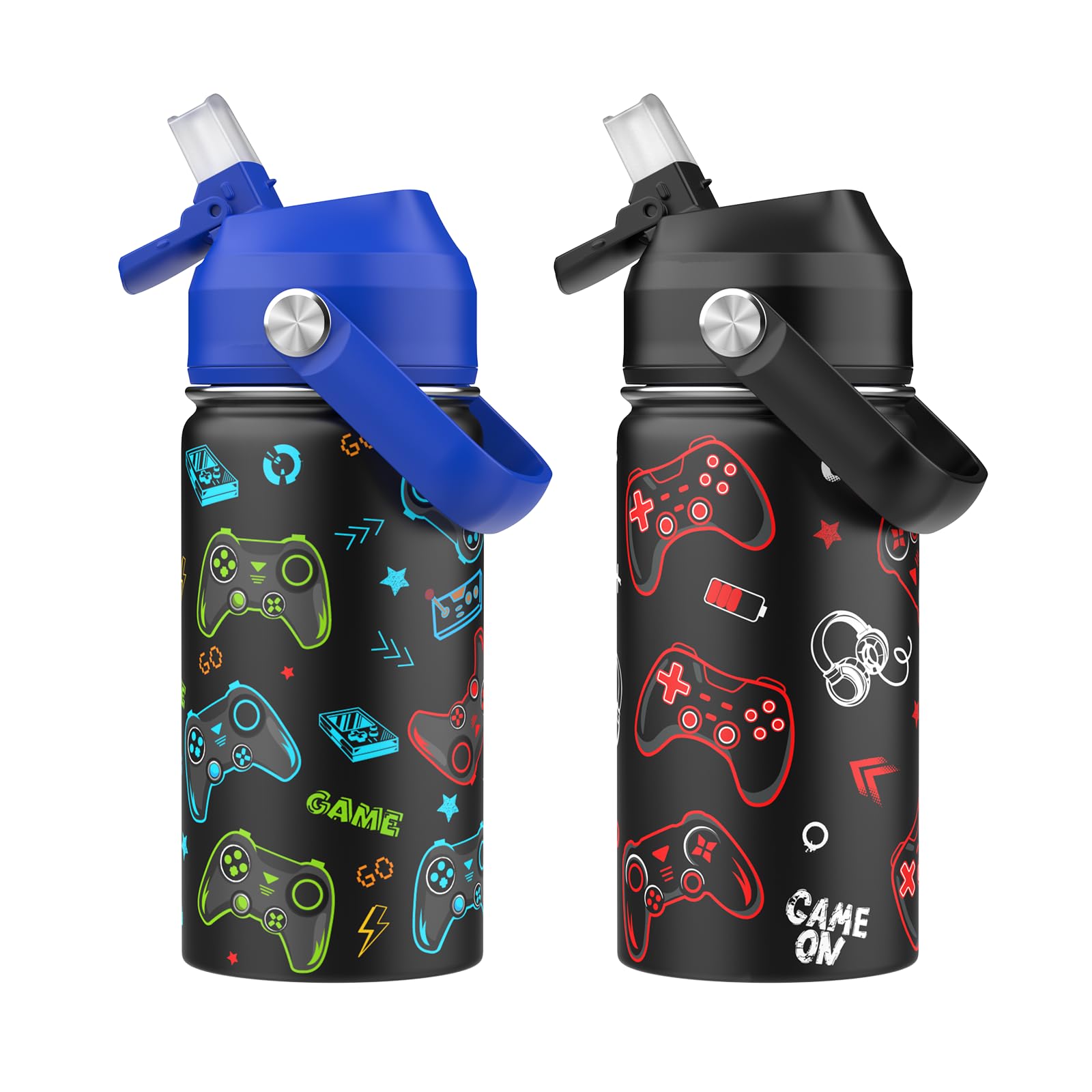 ACESAK Borraccia termica per bambini, con coperchio con cannuccia, in acciaio inox 18/8, a doppia parete, sottovuoto, a prova di perdite, portatile, da 400 ml (blu e rosso)