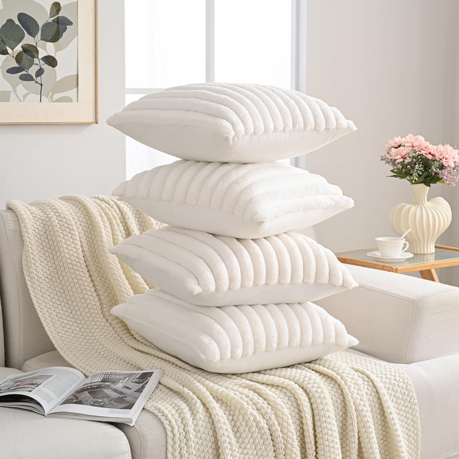 Volcanics Set of 4 Faux Fur Plush Decorative Throw Pillow Covers 18x18 Inch, Luxury Striped Cushion Cases Soft Fluffy Accent Pillowcases for Sofa, Couch and Bed, Cream White - Image 2