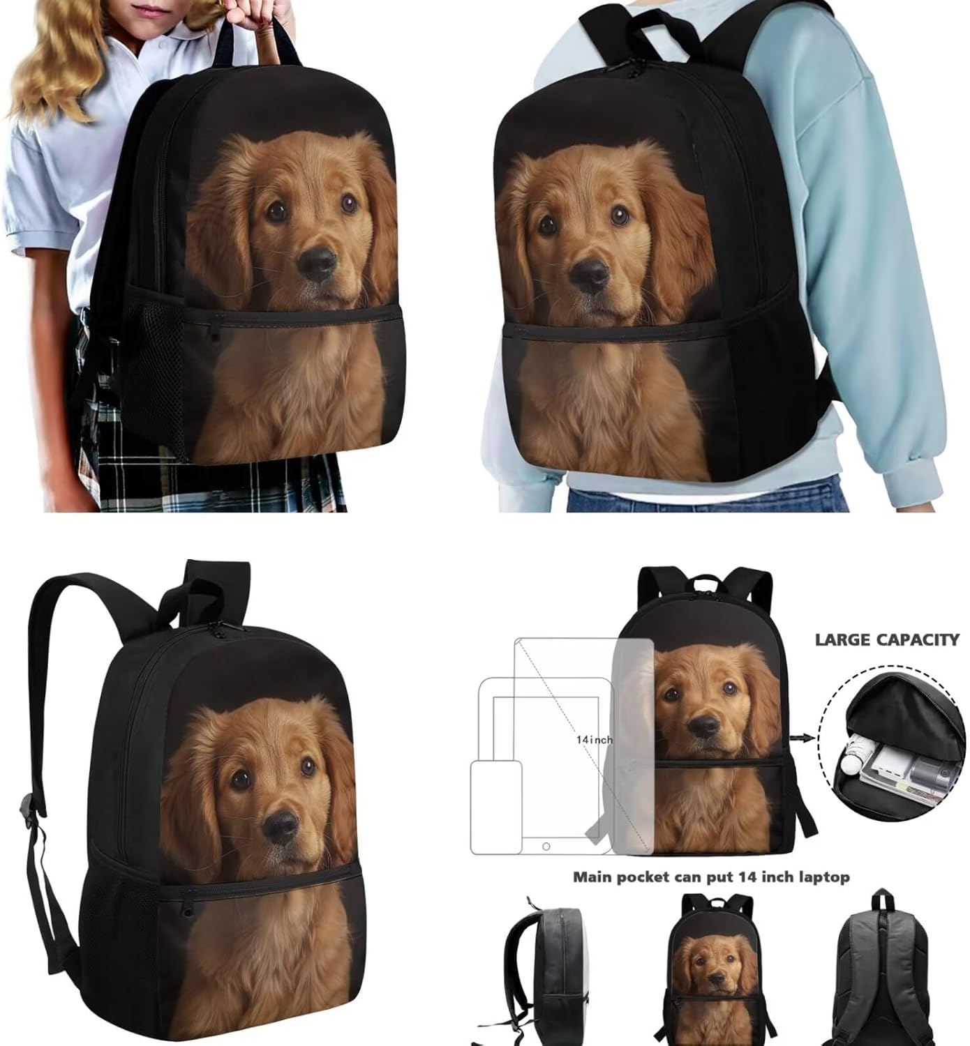 Golden Retriever Backpack with Lunhbox for Girls 6-8 8-10 Elementary Students School Bag and Lunch Box for 4th Grade Animal Dog Bookbags Lunch Bag Pencil Case