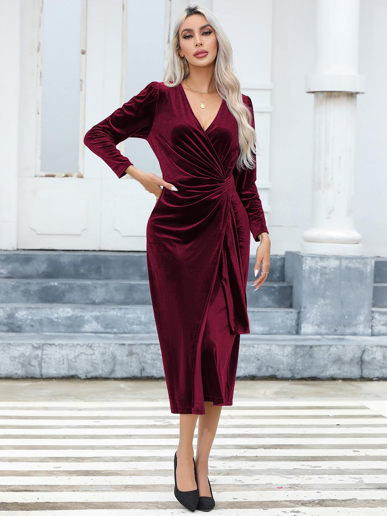 R.Vivimos Automne Hiver Femmes Sexy Col V Enveloppé Robe Manches Longues Velours Volants Robe Midi élégante Robe Cocktail