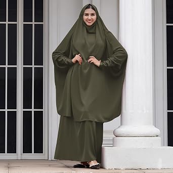 IDOPIP Two Pieces Jilbab Modest Dress for Muslim Women Long Maxi Khimar + Skirt with Hijab Burkas Islamic Abaya Dress Outfit