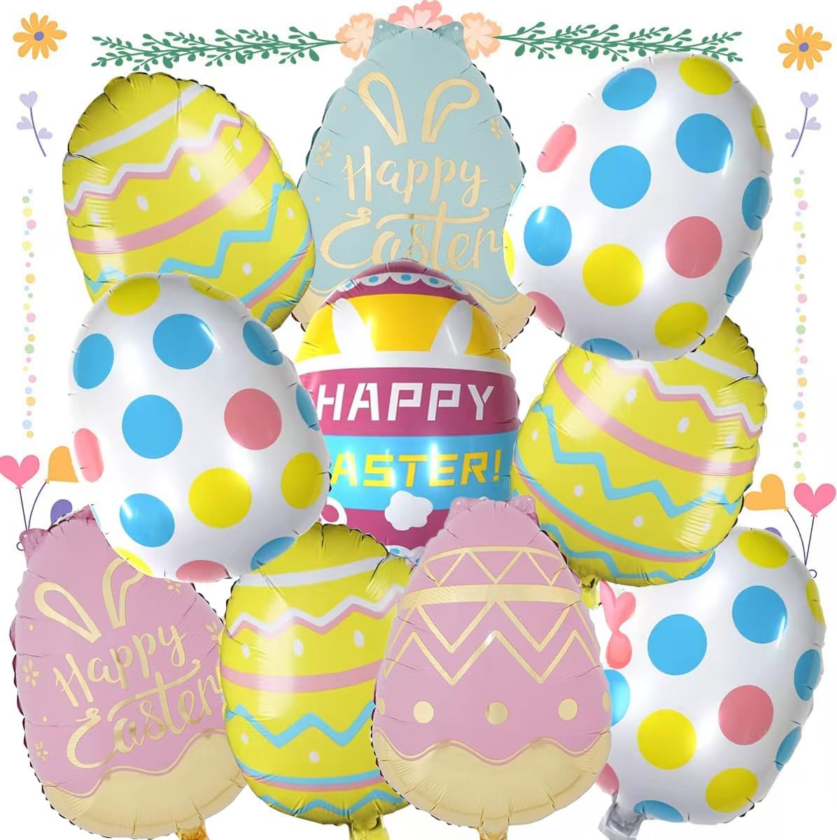 10Pcs Easter Egg Balloons - Happy Easter Egg Bunny Foil Balloon for Birthday Baby Shower Party Decoration
