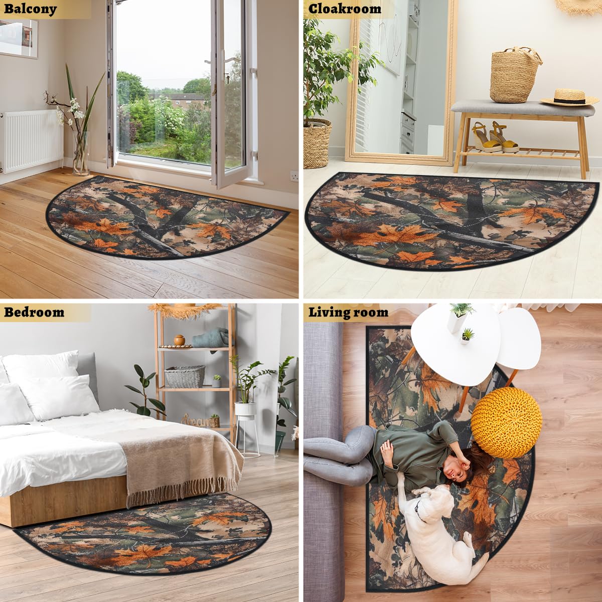 Mexpekil Paillasson demi-lune motif feuilles d'automne camouflage pour intérieur et extérieur, antidérapant, lavable, absorbant, anti-saleté, 100 x 160 cm
