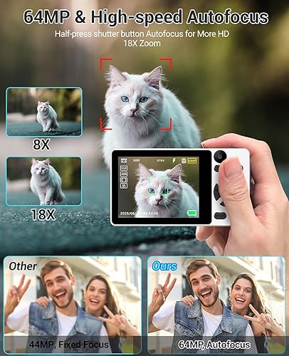 Miniatura 3 de Cámara digital 4K para fotografía: cámara de enfoque automático de 64 MP con doble lente, zoom digital 18X, cámara de punto y disparo pequeño con