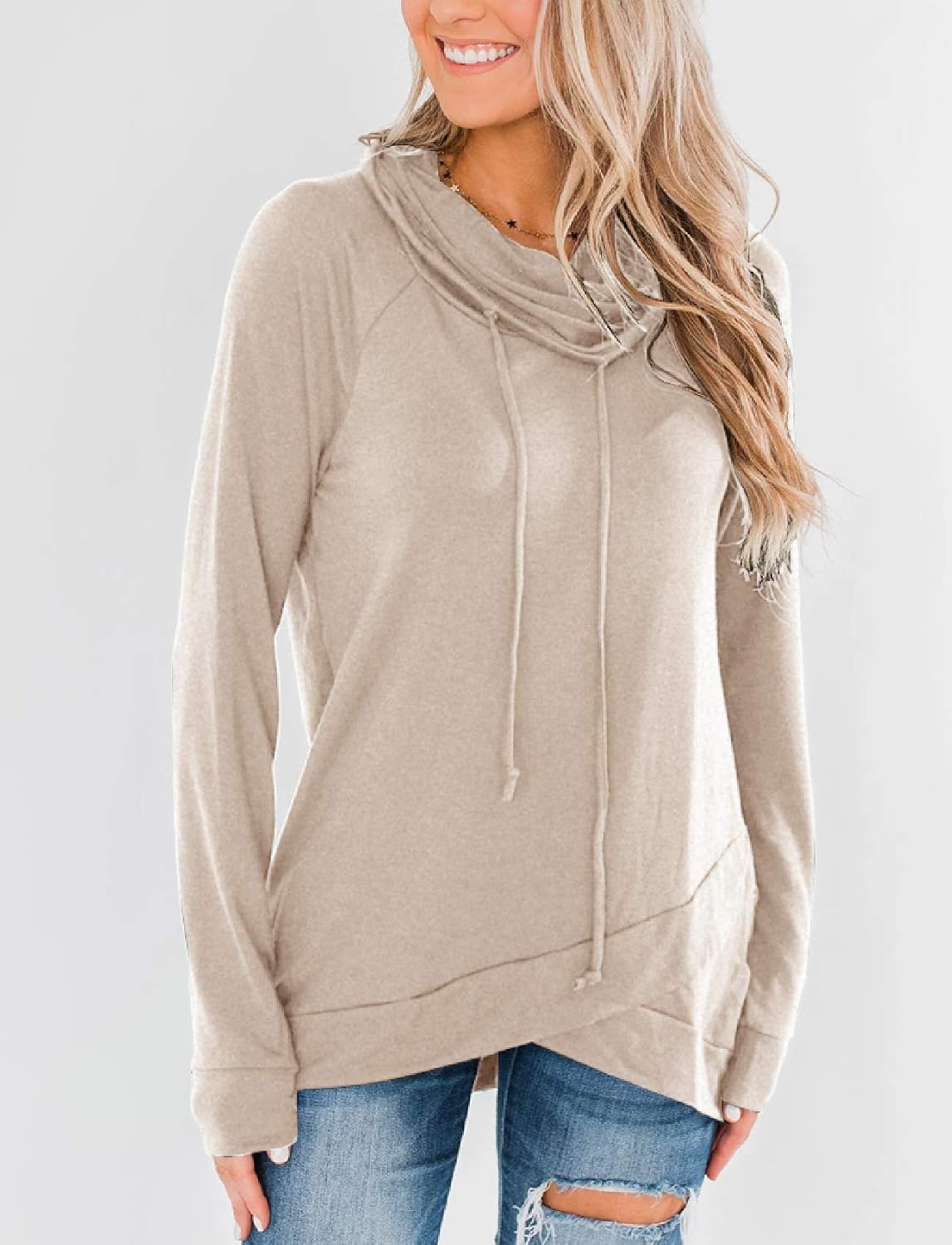 Fallorchid Womens Cowl Neck Tunic Tops Long Sleeve Pullovers Casual Drawstring Sweatshirts - Image 3