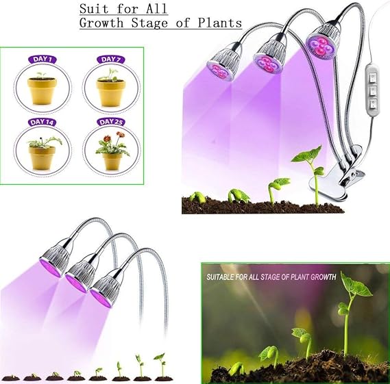 Led Grow Light Bulbs 15W with Clip Plant Grow Lamp with Flexible 360 Degree Gooseneck and Three Separate Control Switches for Indoor Plants Hydroponics Greenhouse Organic Bonsai of Home and Basement