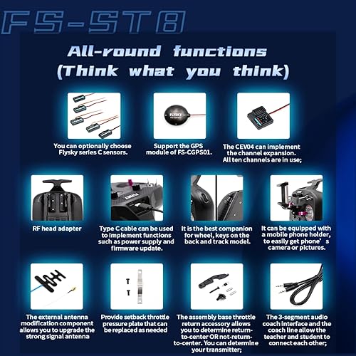Miniatura 6 de HTLNUZD Flysky FS-ST8 - Controlador de transmisor de 10 canales con receptor FS-SR8, 2.4 GHz ANT RGB Assistant 3.0 para coches de control remoto,