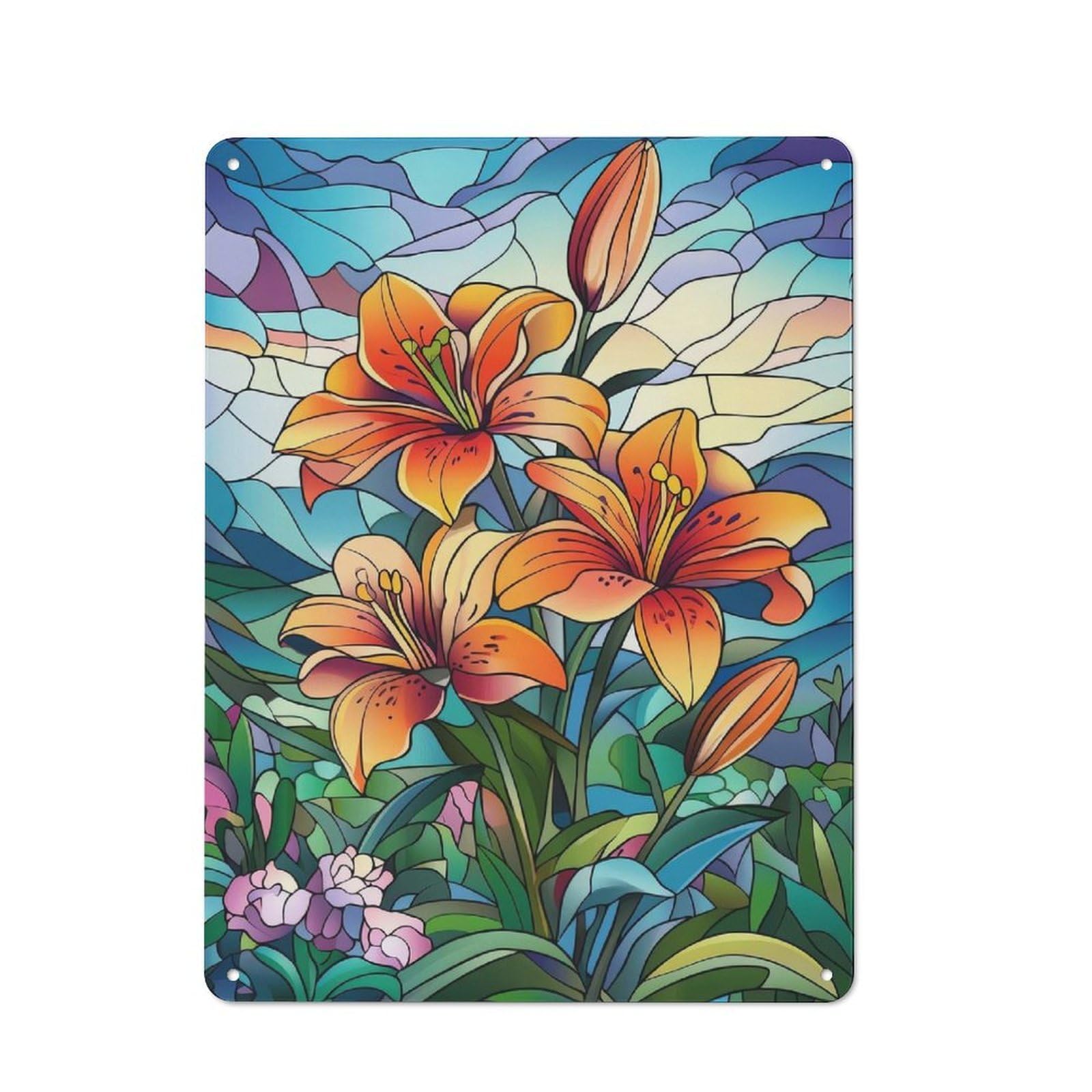 Junmoney Stained Glass Lilies Nostalgic Decorative Tin Sign 40X30cm Featuring Old Style Wall Plaque For Kitchen, Hallway, Bar Or Small Cafe