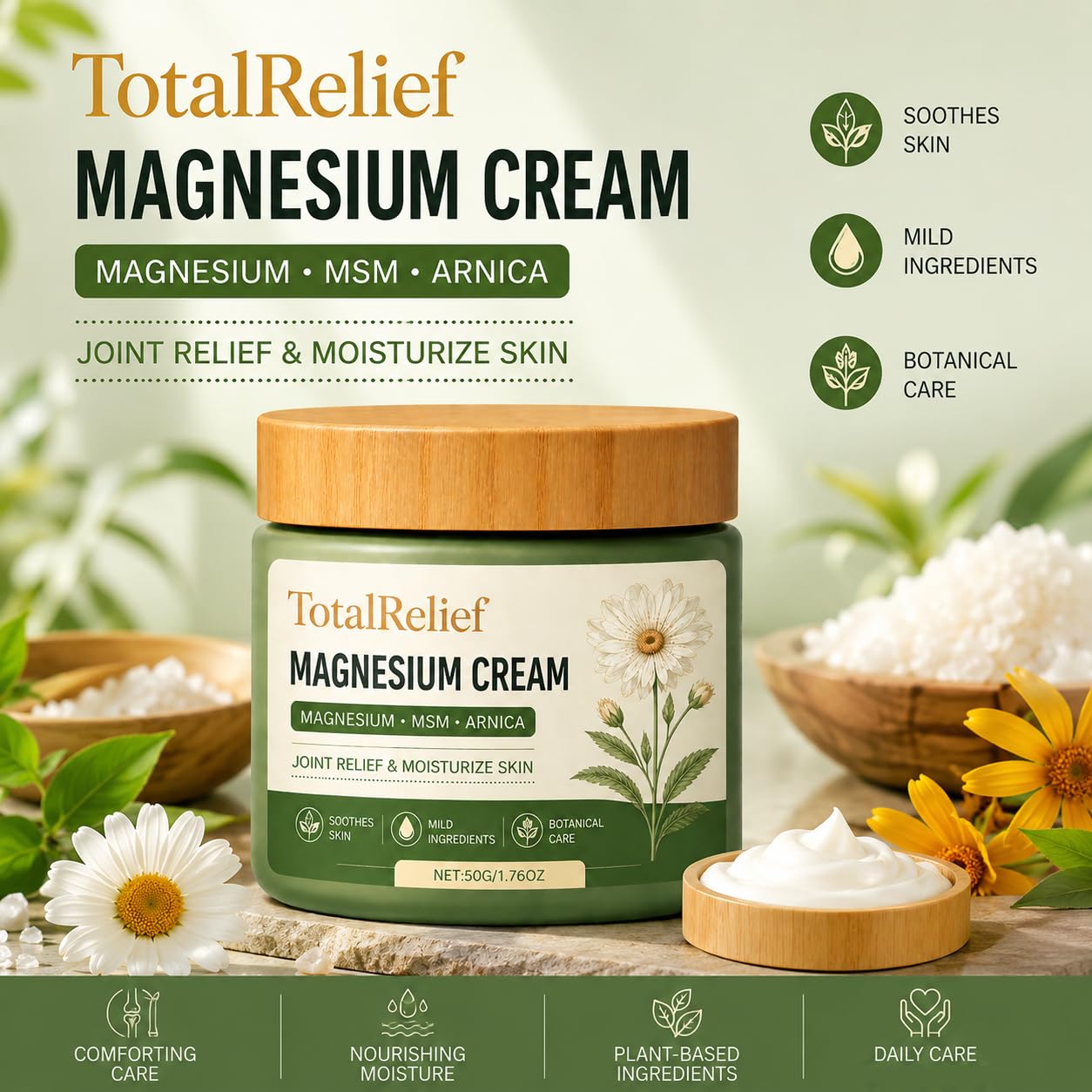 Total Reief Magnesium Cream For Comfort – Fast-Absorbing Msm & Arnica Cream, Soothes Nerve Discomfort