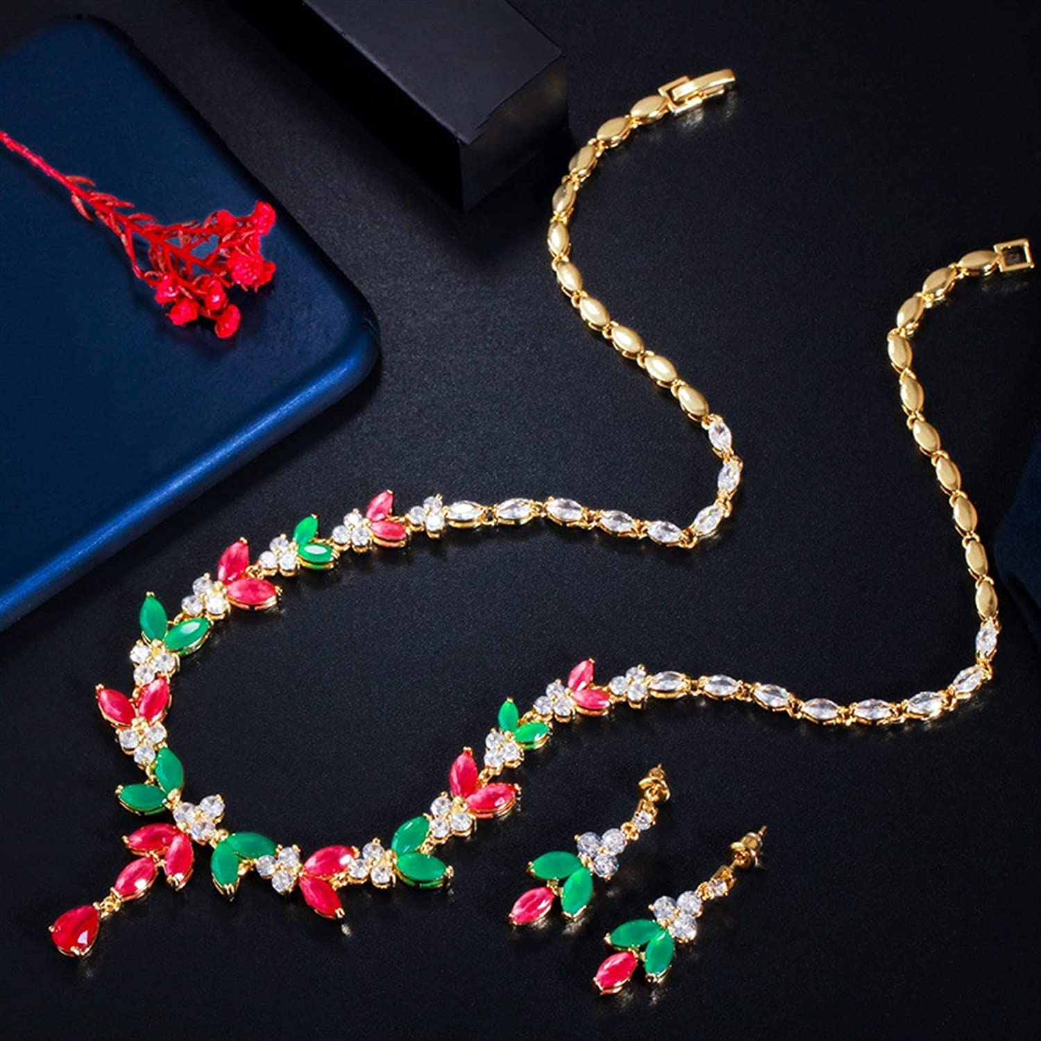 Gioielli Elegante Set di Gioielli da Sposa in Pietra con zirconi cubici Rossi Verdi Collana da Sposa e bigiotteria per Orecchini