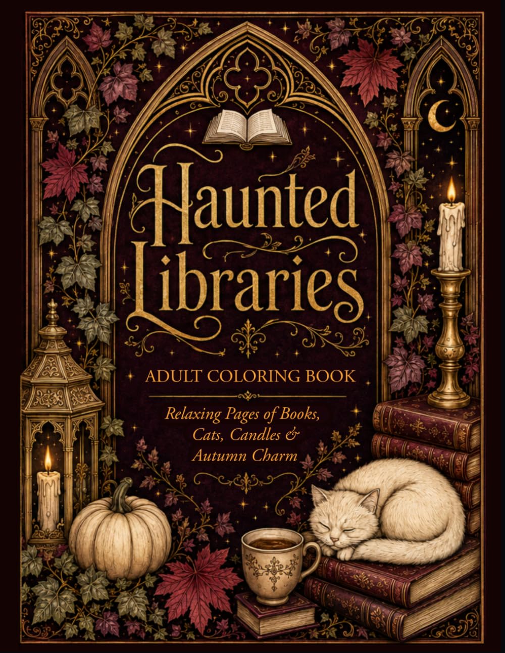 Haunted Libraries Coloring Book for Adults: Cozy Gothic Coloring Pages with Enchanted Bookshelves, Ghostly Reading Rooms, Candles, Cats, Ravens and Dark Academia Interiors