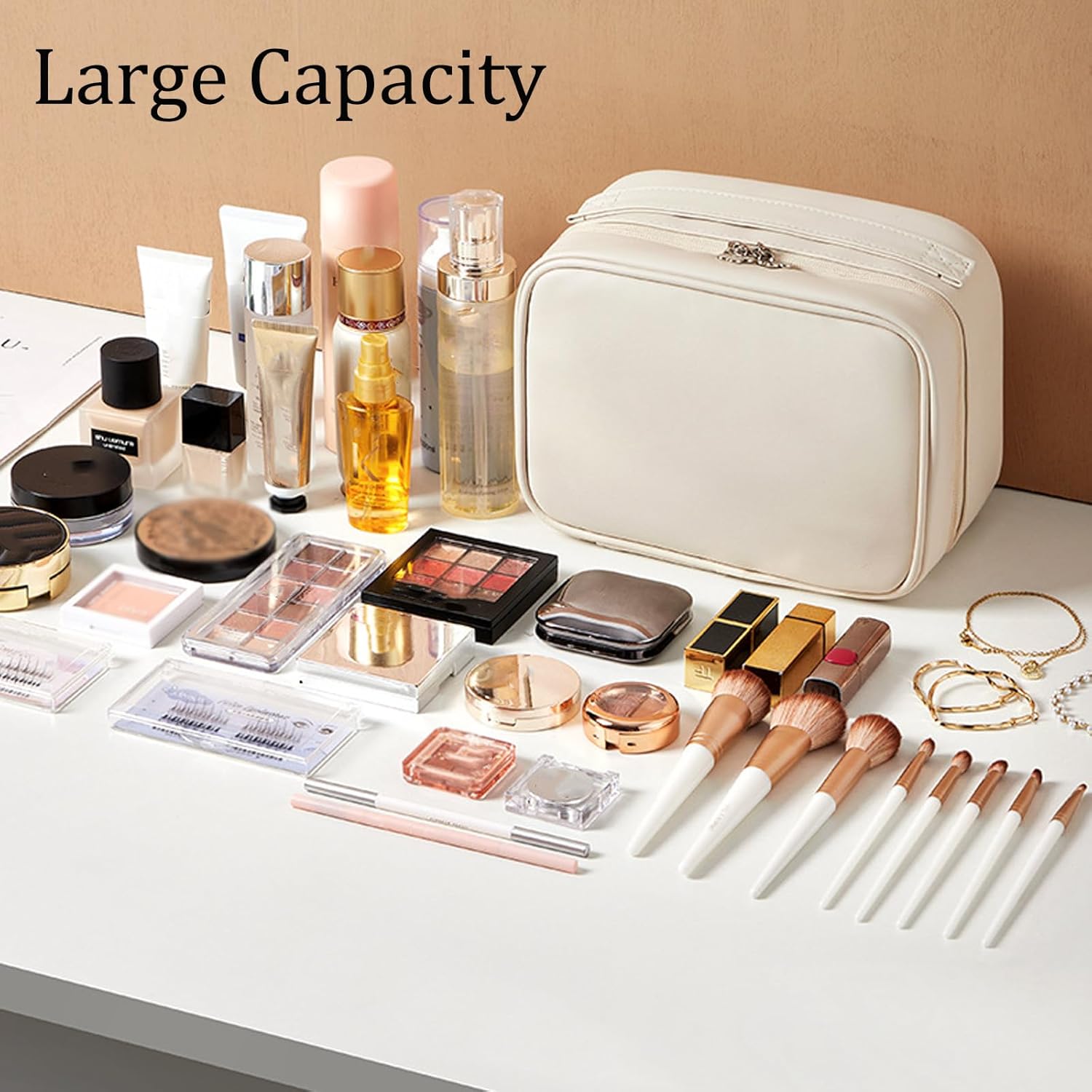 Travel Toiletry Bag Organizers, Multi Compartment Toiletry Cosmetics Bag, Large Opening & PU Leather (White)