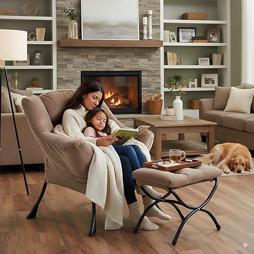 Miniatura 7 de LITA - Silla perezosa con otomana, moderna silla de descanso tapizada de ocio, sillas de lectura contemporáneas con reposabrazos y bolsillo lateral