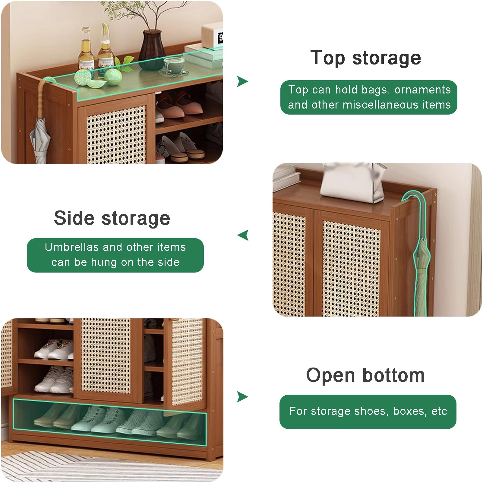 Scarpiera in rattan per ingresso elegante con ante e ripiani aperti per corridoio, soggiorno e armadio nization