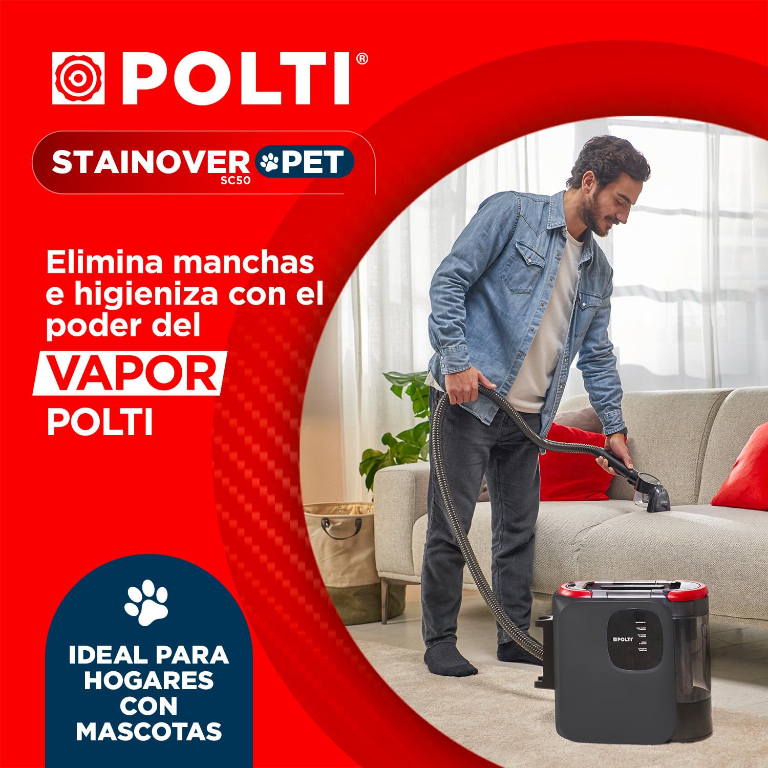Polti StainOver Pet SC50, Limpia Tapicerías a Vapor 4 en 1 para Eliminar Manchas, Quitamanchas con Función Vaporetto, Cepillo con Depósito para Pelos de Animales, 10 accesorios incluidos, Gris Oscuro