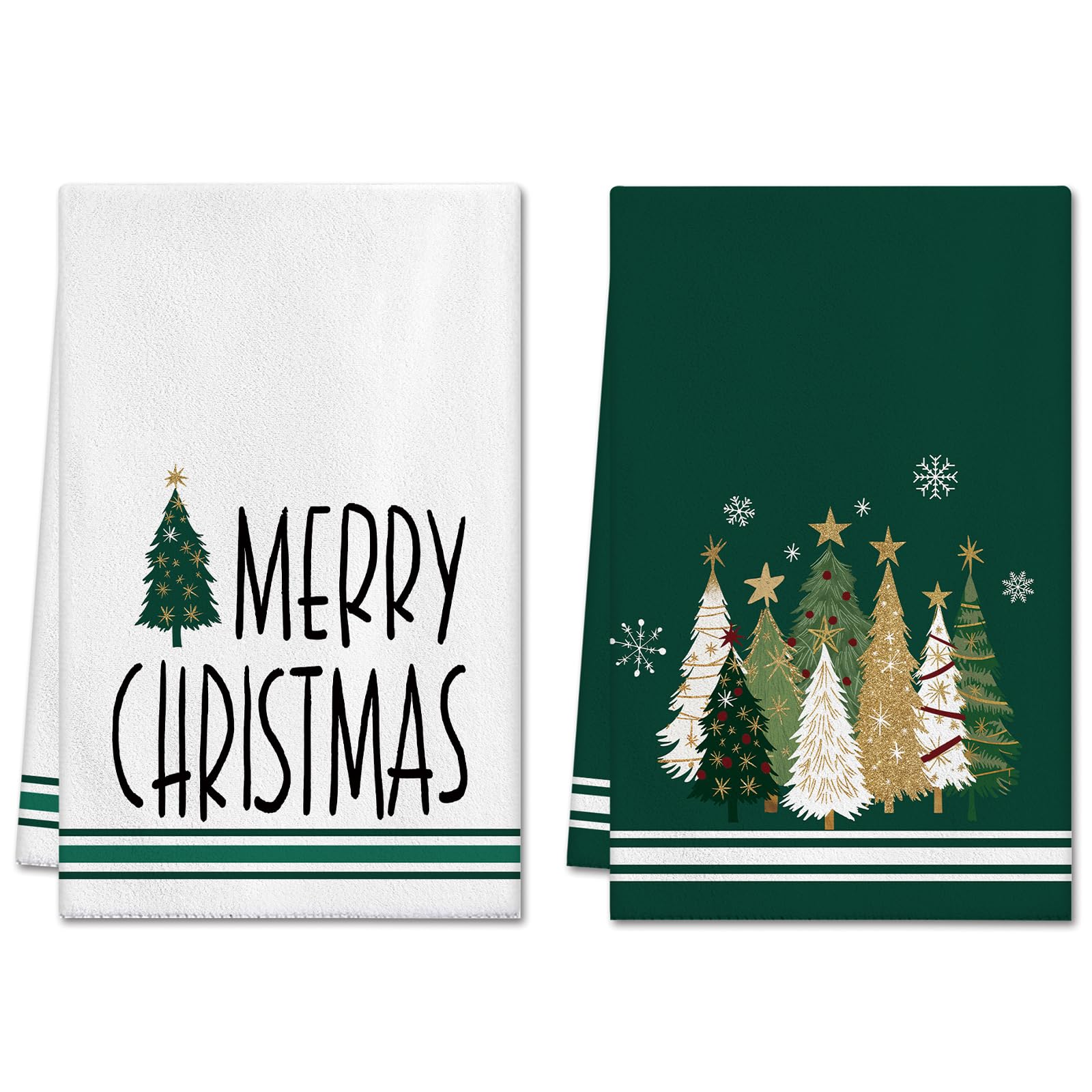 Artscope Merry Christmas Kitchen Towels Dish Towels 45x66 cm, Set of 2 Christmas Tree and Snowflakes Winter Decoration Hand Towels for Cleaning Cute Design Home Decor (Green)