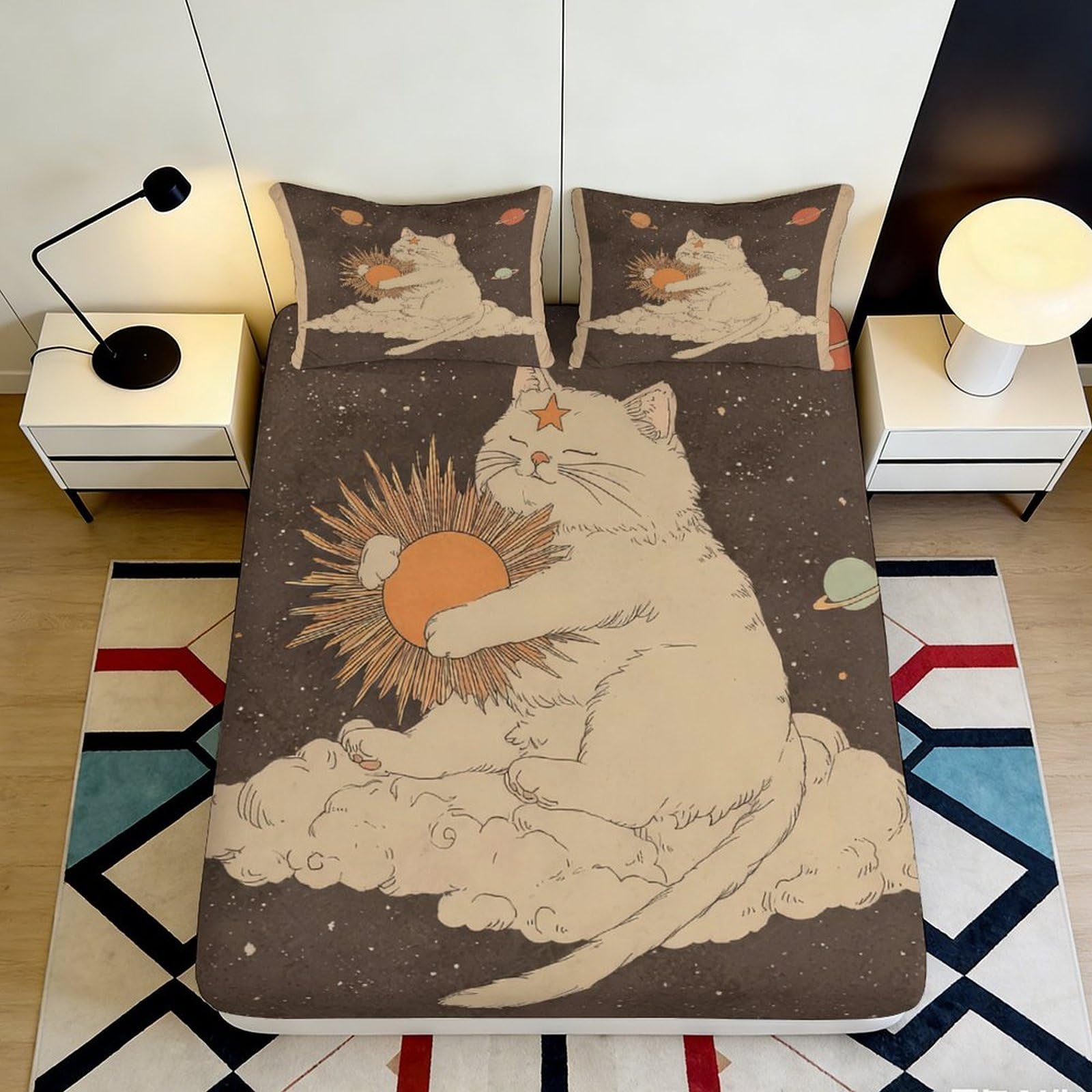 Jqzkxnhpbr Style-9 3D Printed Cat Sun Fitted Sheet Microfiber Soft Breathable Moon Bed Cover For Bedroom Guest Room Mattress Decor 90X200x25cm
