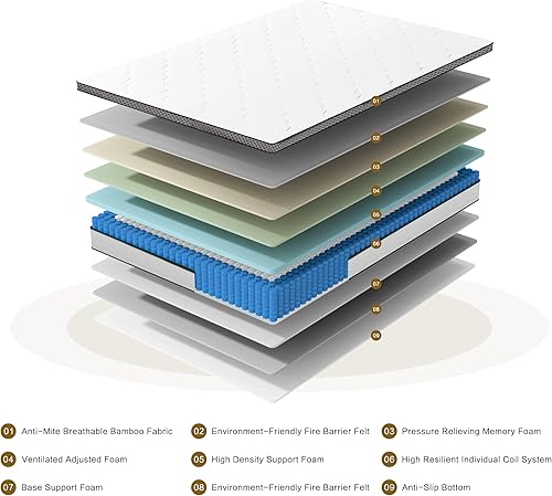 Miniatura 5 de Colchón de tamaño matrimonial, colchón de espuma viscoelástica de 10 pulgadas, colchones híbridos en una caja, resortes embolsados individuales,