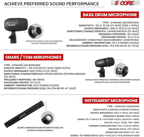 Miniatura 6 de 5 CORE Kit de micrófono de batería de 7 piezas All Metal Drummer Mics Tom/Snare & Cymbals Professional Wired Instrument Drums Set Microfonos Incluye